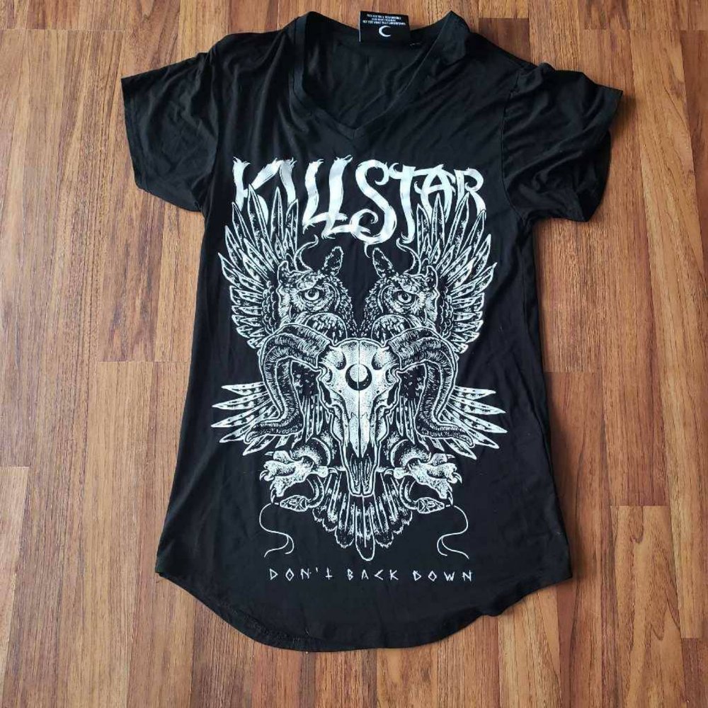 Killstar Womens Tunic Top Black Dont Back Down Short Sleeve V Neck Stretch XS